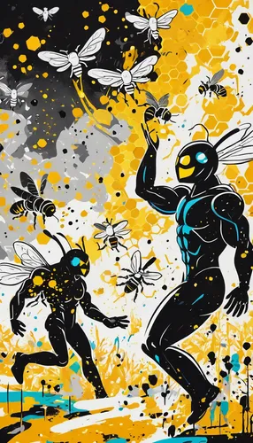 Muscle Man and High Five Ghost accidentally unleash a swarm of angry bees on the park. Can they fix their mistake before chaos ensues?,splatter,graffiti splatter,sci fiction illustration,superhero bac