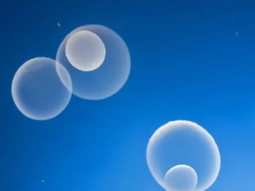 bubbles of light blue water floating in the sky,sea jellies,suction cups,air bubbles,blue spheres,water pearls,ellipsoids