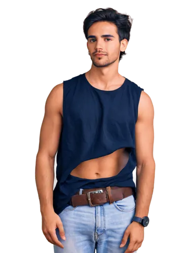 Mexican guy, cool pose, 25yo, messy black hair, thick eyebrows, strong facial features, slight stubble, silver earrings, white tank top, blue denim jeans, brown leather belt, silver buckle, standing, 