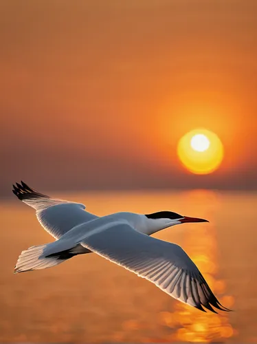 Write a poetic description of a majestic Caspian tern soaring across a golden sunset,seagull in flight,royal tern,migratory bird,seagull,tundra swan,flying tern,sea-gull,tern bird,bird in flight,india