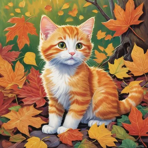 ginger kitten,orange tabby cat,orange tabby,autumn background,garrison,ginger cat,Illustration,Children,Children 01