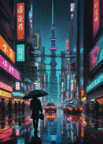 Pono graphic, digital illustration, futuristic cityscape, neon lights, skyscraper, Tokyo style, bustling streets, holographic advertisements, giant screens, cyberpunk atmosphere, rainy night, reflecti