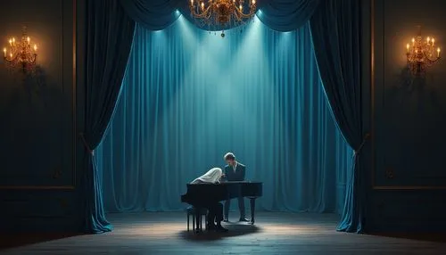 Music venue, powder blue walls, elegant chandeliers, luxurious velvet curtains, spotlights shining down, grand piano center stage, solo musician, beautiful detailed facial expression, flowing white sh