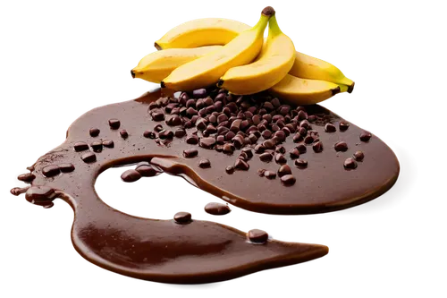 Ripe yellow banana, peeled, sliced, chocolate sauce dripped, chocolate chips sprinkled, creamy texture, shiny surface, close-up shot, warm lighting, 3/4 composition, soft focus background, vibrant col