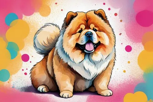 Cute Chow Chow dog, doodle art style, fluffy white fur, pink nose, big round eyes, floppy ears, sitting pose, front legs folded, back legs stretched out, colorful background with polka dots and swirls