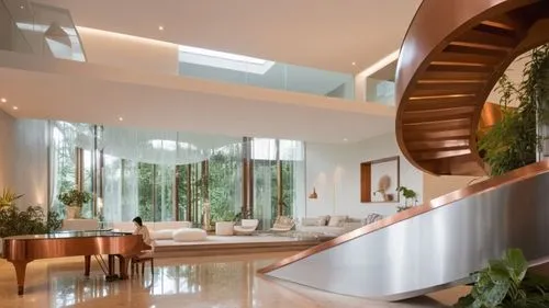 Luxurious modern living room interior with a grand open layout. The focal point is a striking curved staircase in copper, spiraling elegantly upwards. The space features floor-to-ceiling glass windows