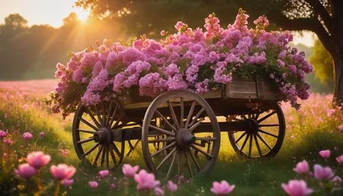 flower cart,flowers in wheel barrel,splendor of flowers,flower delivery,flowers in basket,field of flowers,Photography,General,Cinematic