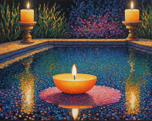 Depict the pool water in a romantic setting with candlelight reflections.,mosaic tea light,mosaic tealight,persian norooz,tea lights,candlelights,floral rangoli,tea-lights,candle light,rangoli,diwali,