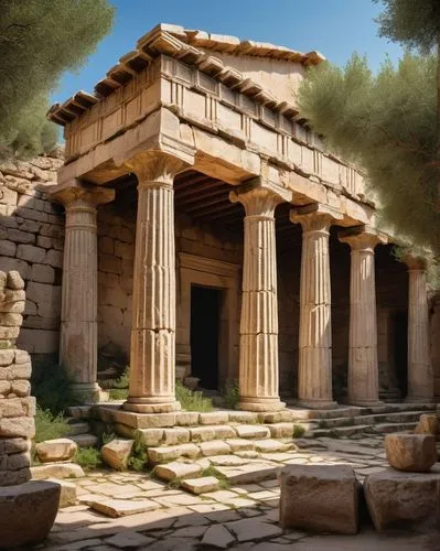 Ancient Greek temple, Doric columns, ornate carvings, crumbling stone walls, overgrown with ivy, surrounded by olive trees, warm Mediterranean sunlight, dusty terrain, archaeological excavation site, 