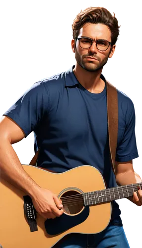 Pensive musician, solo, male, 30s, messy brown hair, beard, glasses, black shirt, dark jeans, acoustic guitar, spotlight, dimly lit background, facial close-up, shallow depth of field, warm lighting, 