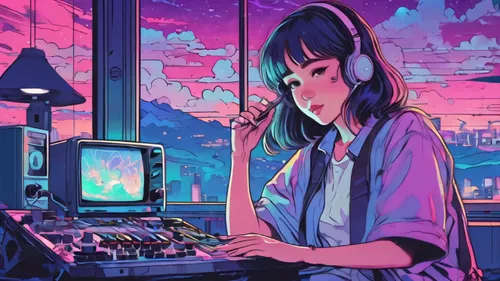 girl at the computer,aesthetic,computer,cyber,vapor,retro girl,virtual,cyberpunk,retro music,electronic,80s,synthesizer,cassette,cyberspace,芦ﾉ湖,computer freak,computer addiction,midi,esthetic,retro styled,Illustration,Japanese style,Japanese Style 06