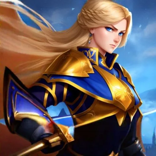 monsoon banner,elza,paladin,show off aurora,female warrior,dark blue and gold,lux,sterntaler,eufiliya,catarina,goddess of justice,veronica,banner,swordswoman,yang,massively multiplayer online role-playing game,athena,mar,joan of arc,leo