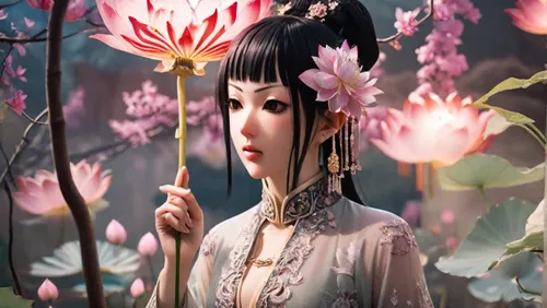 chinese art,oriental princess,geisha girl,oriental painting,geisha,oriental girl,lotus blossom,sacred lotus,taiwanese opera,flower fairy,spring festival,golden lotus flowers,lotus flowers,japanese art,plum blossom,oriental,elven flower,japanese floral background,mulan,water lotus