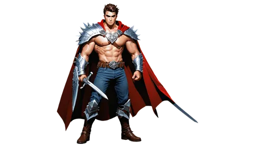 Yree, fantasy warrior, muscular man, solo, (25yo), fierce eyes, scar above eyebrow, short spiky hair, silver armor, red cape, leather belt, sword in hand, heroic pose, dramatic lighting, cinematic com