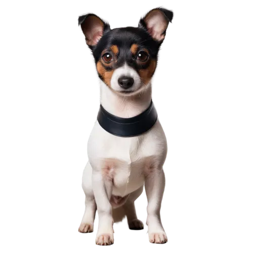 Small dog, Jack Russell Terrier, pet, black and white fur, fluffy ears, big brown eyes, cute nose, standing pose, front legs apart, tail wagging, shiny coat, natural texture, warm lighting, 3/4 compos