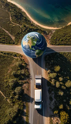 An image of the earth appearing as a planet, a road surrounding it, and a truck traveling on that road.
manipulation,highway roundabout,earth in focus,futuristic landscape,great ocean road,coastal roa