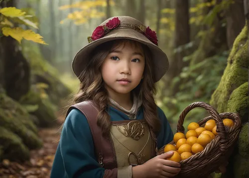 girl picking apples,loquat,digital compositing,world digital painting,kumquat,fairy tale character,girl with bread-and-butter,kumquats,mystical portrait of a girl,girl wearing hat,fantasy portrait,fantasy picture,longan,young girl,forest fruit,child portrait,the little girl,goldenberry,children's fairy tale,children's background,Photography,Documentary Photography,Documentary Photography 13