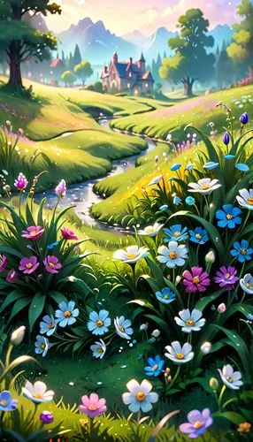 meadow landscape,springtime background,landscape background,spring background,cartoon video game background,home landscape,children's background,flower meadow,salt meadow landscape,watercolor background,clover meadow,flower painting,nature background,meadow in pastel,spring meadow,summer meadow,flowering meadow,flower garden,nature landscape,small meadow,Anime,Anime,Cartoon