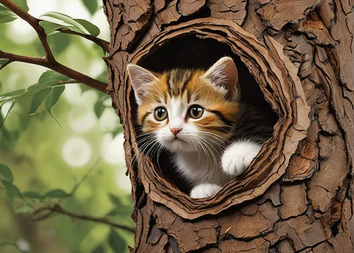 cats in tree,tree house,knothole,oak kitten,ginger kitten,treehouse,he is climbing up a tree,fairy door,cute cat,tree's nest,cat frame,birdhouse,rescue alley,cat tree of life,hiding,treetop,nestling,play hide and seek,hide-and-seek,cat image,Illustration,American Style,American Style 02