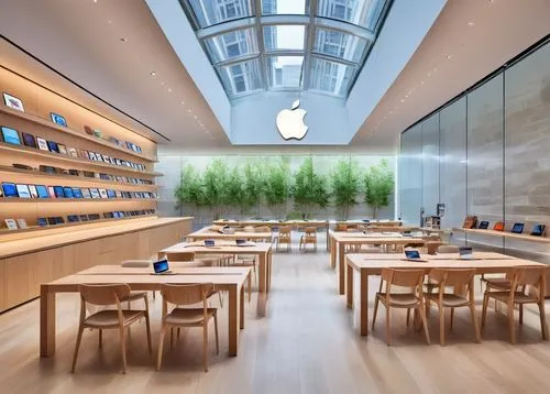 Modern Apple Store interior, minimalist chic, sleek lines, wooden floors, glass tables, stainless steel shelves, futuristic ambiance, bright LED lights, floor-to-ceiling windows, urban city view, bust