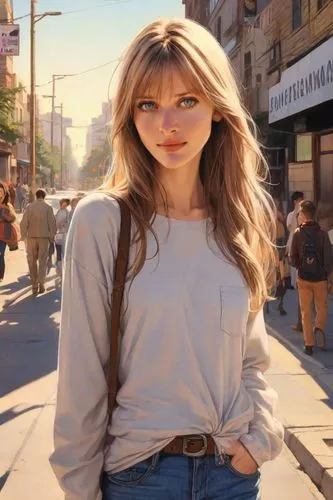 on the street,blonde woman,in a shirt,blonde girl,farrah fawcett,denim,tube top,white shirt,adorable,pretty young woman,the blonde photographer,blond girl,paris,cute,smiling,girl in overalls,young model istanbul,cinnamon girl,jeans,hollywood actress,Digital Art,Comic