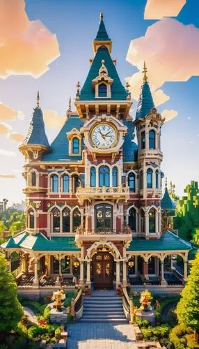 Disney-themed building, Victorian-style mansion, grand entrance, intricate stone carvings, stained glass windows, majestic clock tower, golden accents, ornate iron railings, vibrant colored roofs, tur