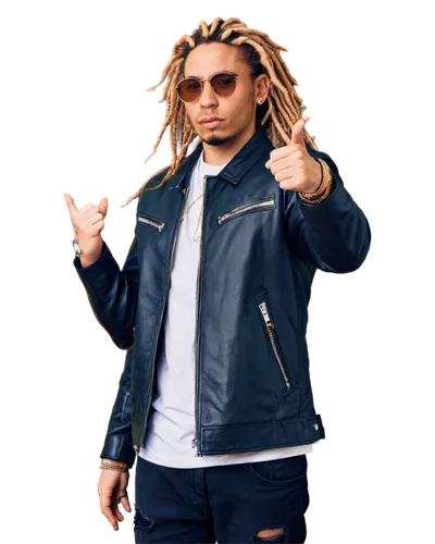 Rapper, male, confident pose, gold chain, diamond earrings, dreadlocks, sunglasses, tattoos on arms, black leather jacket, white t-shirt, ripped jeans, sneakers, microphone in hand, dynamic gesture, s