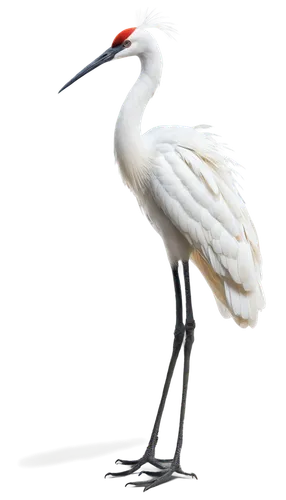 Crane bird, white feathers, long neck, elegant posture, subtle facial expression, bright eyes, soft morning light, shallow depth of field, 3/4 composition, natural habitat, greenery background, gentle