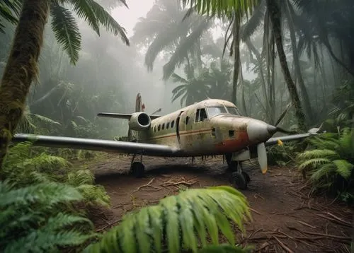 Jurassic Park, Isla Sorna island, dense jungle, foggy atmosphere, wreckage of a small plane, crashed trees, debris scattered everywhere, abandoned luggage, oxygen masks, damaged propellers, mangled me