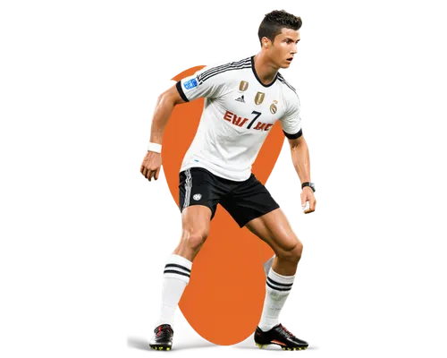 Cristiano Ronaldo, soccer player, athletic build, muscular arms, strong facial features, short spiky hair, intense gaze, serious expression, white jersey, number 7, black shorts, soccer cleats, confid