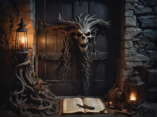 magic grimoire,vanitas,creepy doorway,candlemaker,apothecary,witch's house,witch house,magic book,dark art,divination,the threshold of the house,the witch,fantasy art,guestbook,death's-head,death's head,dark cabinetry,skeleton key,fantasy picture,skull statue,Unique,Design,Knolling