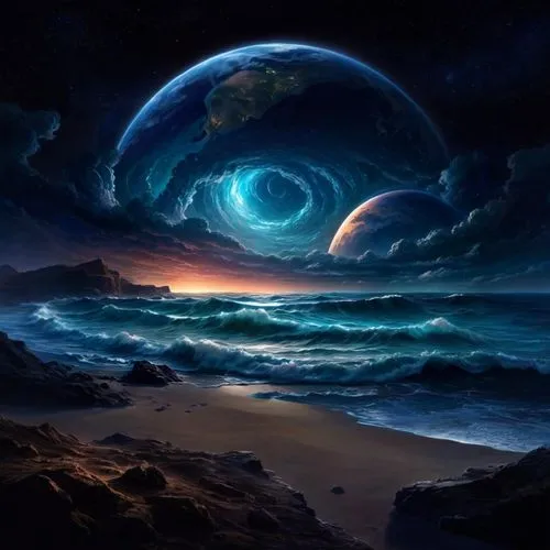 space art,ocean background,cosmic eye,world digital painting,planet alien sky,blue planet,alien planet,fantasy picture,vast,ocean,fantasy landscape,alien world,vortex,spiral nebula,planet,oceano,ocean