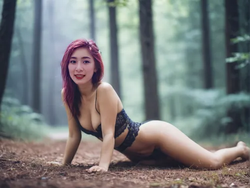 ballerina in the woods,forest background,in the forest,phuquy,poison ivy,stream,fae,asian woman,pin-up model,vintage asian,asian girl,crouching,velvet elke,asian vision,streaming,pi mai,fairy forest,wood elf,photo model,forest floor