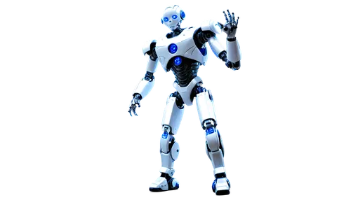 Metallic robot, futuristic design, shiny surface, blue LED eyes, silver limbs, glowing blue circuits, mechanical joints, detailed textures, standing pose, dynamic composition, low-angle shot, dramatic