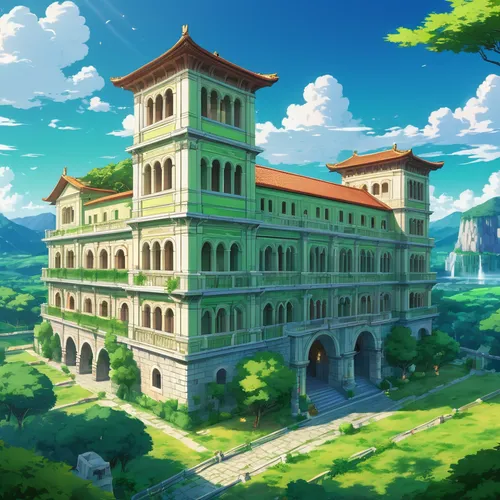 studio ghibli,hall of supreme harmony,ancient city,meteora,asian architecture,beautiful buildings,guilinggao,stone palace,apartment building,tsukemono,hero academy,tsumugi kotobuki k-on,grand master's palace,violet evergarden,honolulu,city palace,ginkaku-ji,alibaba,citadel,komatsuna,Illustration,Japanese style,Japanese Style 03