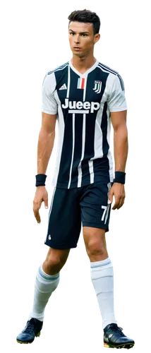 Cristiano Ronaldo, Juventus jersey, number 7, European football player, athletic build, short hair, determined facial expression, sweaty skin, white jersey with black stripes, blue shorts, soccer ball