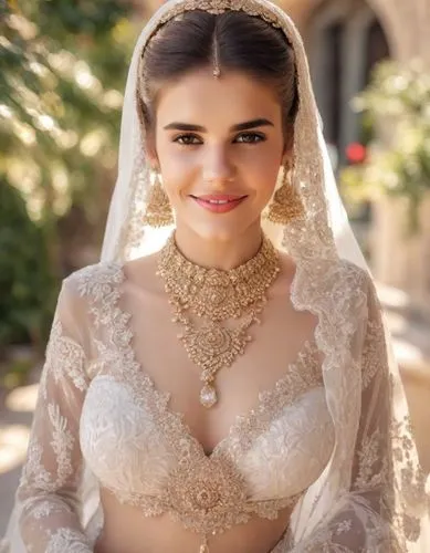 Beautiful sexy iranian bride, smiling, in a traditional dress at her luxurious wedding. Outdoor, sunshine, tropical. Photorealistic. complete delicate facial makeup red lipstick, very long eyelashes, 