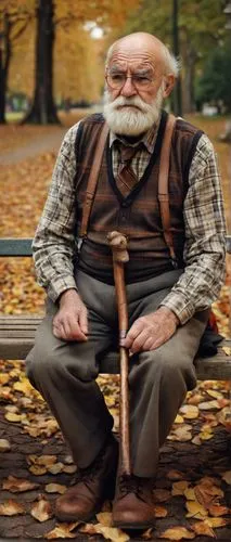 Grumpy old man, Shota, bushy eyebrows, thick beard, wrinkled face, balding hair, wearied eyes, plaid shirt, brown trousers, suspenders, leather boots, walking stick, sitting on a bench, park, autumn, 