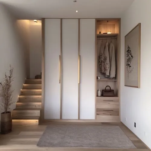 a hallway is shown with white closets and brown stairs,walk-in closet,hallway space,mudroom,entryway,japanese-style room,modern minimalist bathroom