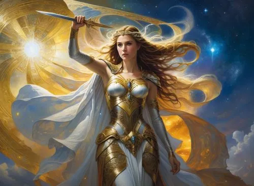 a painting of a woman holding a sword,sigyn,elendil,frigga,galadriel,jaina,sorceror,Illustration,Realistic Fantasy,Realistic Fantasy 03