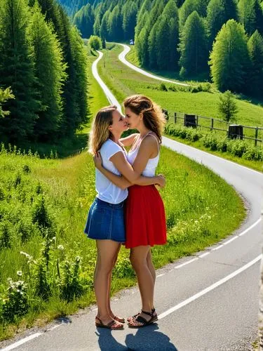 Birgit to Sabina: “Oh please, take me with you on your big journey!”,two women kissing near a rural road with mountains and trees in the background,two girls,beautiful photo girls,country road,hitchhi