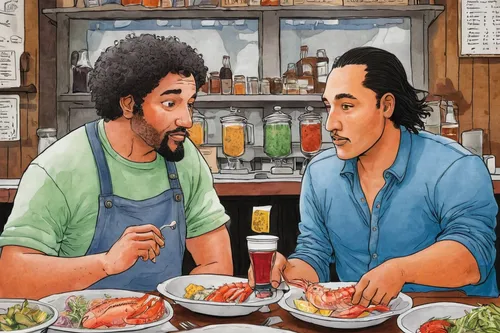 Create a dialogue between two friends who are trying to decide which dish to order at Greenpoint Fish & Lobster Co.,food icons,cooking book cover,cuisine of madrid,southern cooking,che guevara and fid