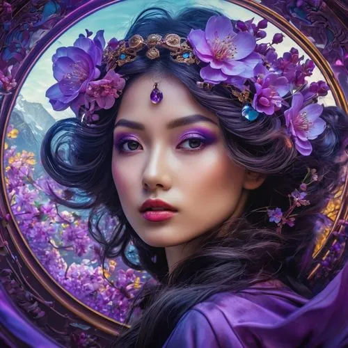 fantasy portrait,oriental princess,mystical portrait of a girl,asian vision,geisha,fantasy art,vietnamese woman,asian woman,fantasy picture,magic mirror,faery,oriental girl,jasmine blossom,geisha girl,mulan,wreath of flowers,faerie,purple rose,zodiac sign libra,fractals art,Photography,General,Fantasy