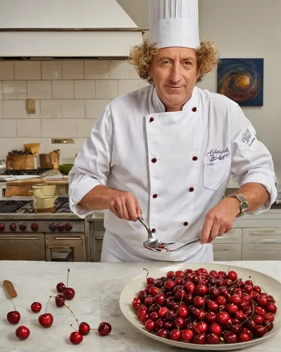 Write a story about a chef who creates a magical dish using bubble cherries.,pastry chef,chef,johannsi berries,chocolatier,men chef,red currant,confectioner,chef's uniform,mascarpone,red raspberries,l