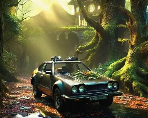 3d car wallpaper,fantasy picture,volkswagen golf,planted car,ford prefect,subaru outback,station wagon-station wagon,abandoned car,retro vehicle,ford anglia,digital compositing,rover p4,dacia duster,ford xc falcon,dacia,old abandoned car,wolseley hornet,adventure game,world digital painting,photo manipulation,Conceptual Art,Oil color,Oil Color 03