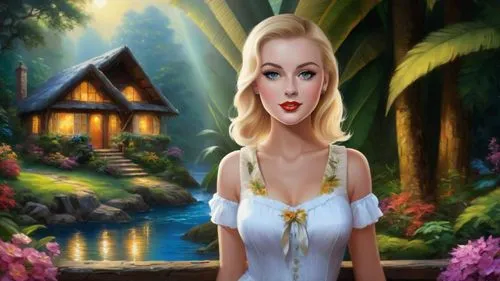 Romantic masterpiece oil painting, beautiful girl portrait, nostalgic 1950's style kitsch, vibrant rainforest landscape, lush tropical jungle paradise, beautiful natural scenery, lost wilderness cotta