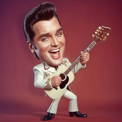 Caricature style drawing of a celebrity, big head, small body, exaggerated facial expressions. A 3D animated character resembling Elvis Presley, wearing a whiteA jumpsuit with red and gold accents, bl