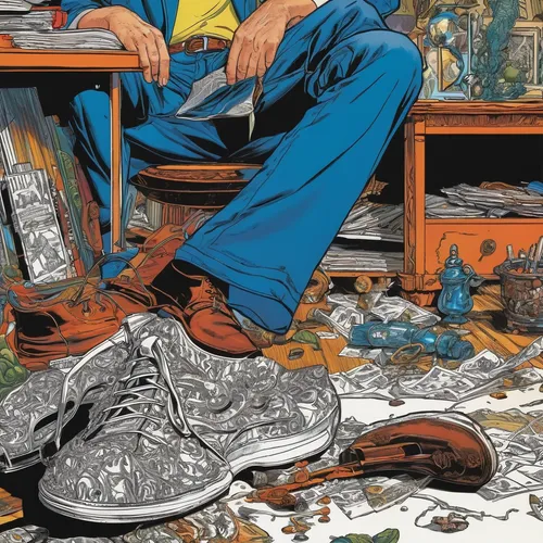 stan lee,shoe repair,used shoes,comic book bubble,comic books,marvel comics,cordwainer,shoemaker,shoemaking,repairman,comics,junkyard,old shoes,holding shoes,detail shot,blue-collar worker,clutter,comic book,riddler,tony stark,Illustration,Black and White,Black and White 06