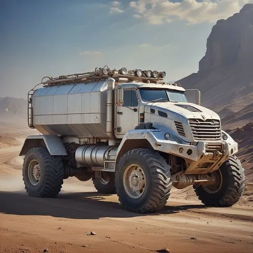 a large truck that is driving on some dirt,kamaz,iveco,unimog,landmaster,landstar,overlander