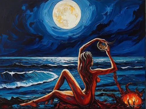 mousseau,moonstruck,blue moon,oil painting on canvas,oil painting,art painting,amphitrite,moondance,the night of kupala,dark beach,moonlit night,moonlighted,oil on canvas,full moon,sea night,glass painting,the sea maid,moonlighting,moonlit,kupala,Illustration,Realistic Fantasy,Realistic Fantasy 33